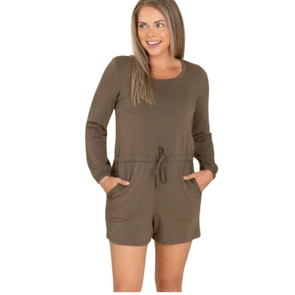 Hem & Thread Long Sleeve Knit Romper Drawstring Pockets Camel Brown Small New